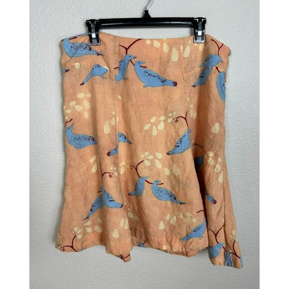 Anthropologie Meadow Rue Skirt Size 14 Linen Knee Length Peach Blue Bird A Line - Picture 1 of 9